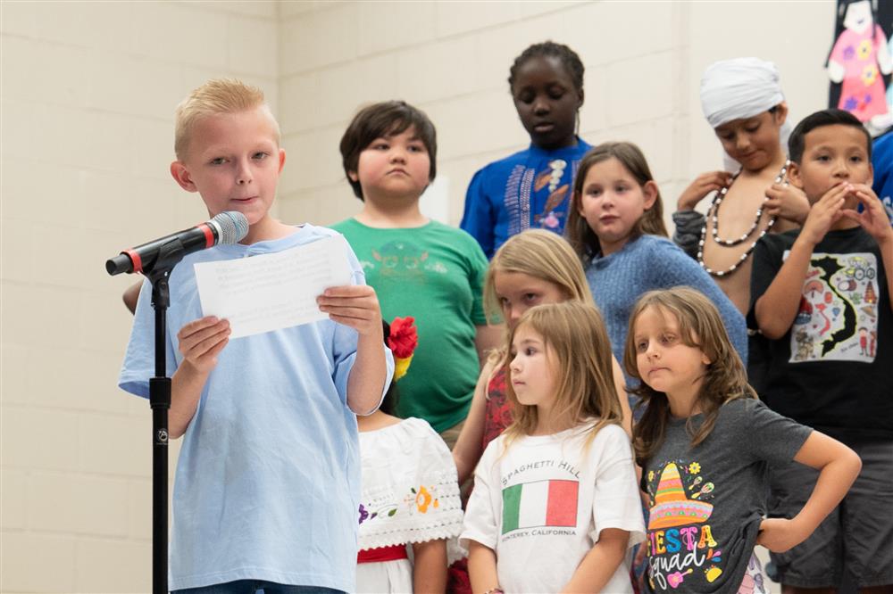 Students celebrate their diverse cultures and backgrounds during Bologna Elementary School's Celebration of Nations assembly.